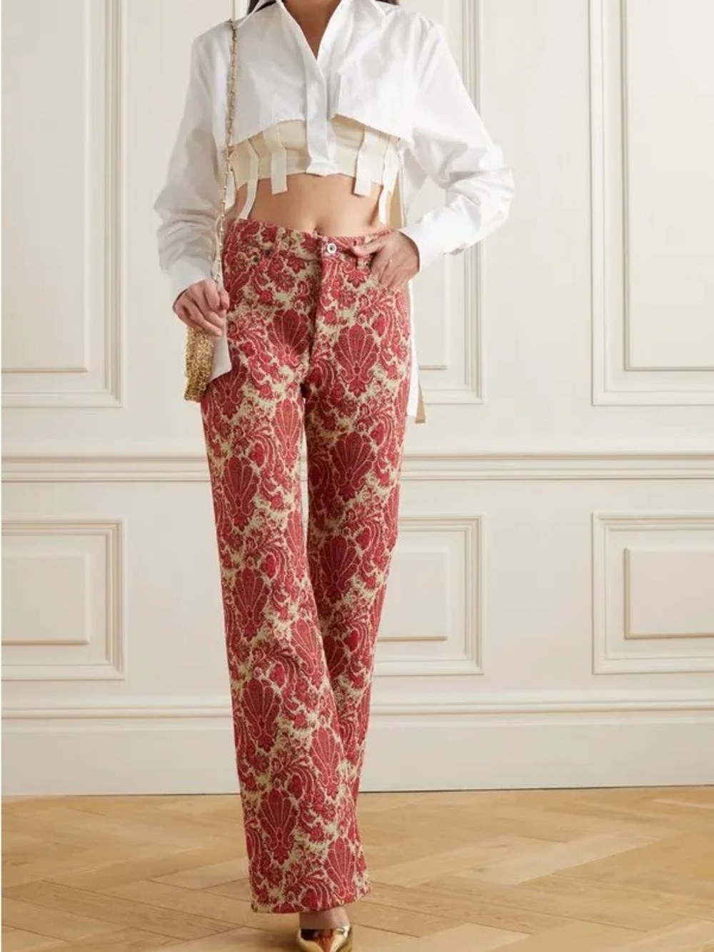 Red Floral Brocade Wide-Leg Pants